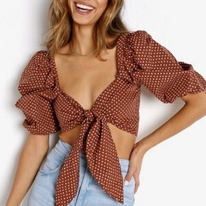 Faithful The Brand Raylee Printed Bonnie Dot Tie Front Puff Sleeve Top Size 6